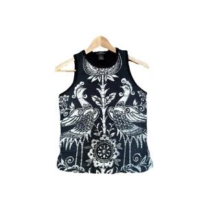 Vintage VIVIENNE TAM S/S 1998 Peacock Batik Black White Cotton Tank Top Size 1